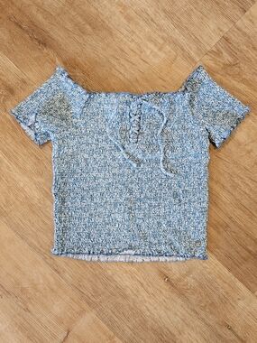Roxy Light Blue Smocked Off-Shoulder Crop Top